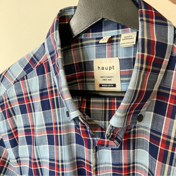 Haupt Regular Fit 41/42 Blue Plaid Checketed Short Sleeve Shirt 16.5 Germany - Picture 2 of 16